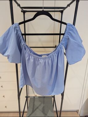Sophie Rue Blue Pinstripe Off-Shoulder Puff Sleeve Blouse